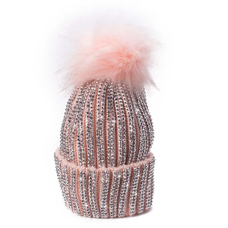 Lawliet, зимние шапки, искусственный мех, помпон, стразы, шикарный стиль, женские шапочки, высокое качество, теплая вязаная шапка, женская шапка с черепом, A469 - Цвет: Pink