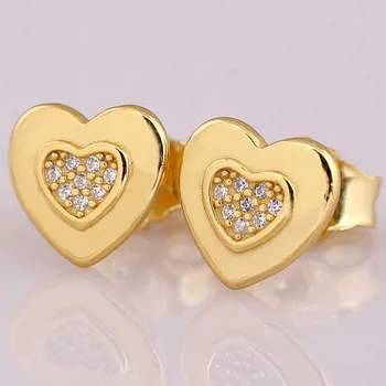 

Original Golden Signature Heart Earring With Crystal Stud Earring For Women 925 Sterling Silver Earring Gift Fine Diy Jewelry