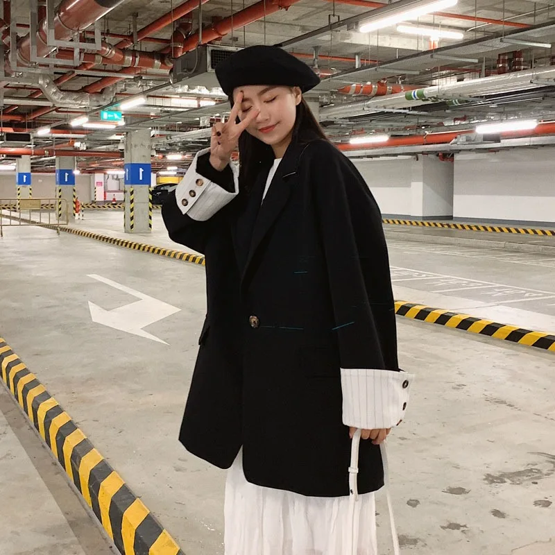 

20192019 New Style Korean-style Black And White with Pattern One-Button Mid-length Suit Ol Elegant Loose-Fit Suit Jacket Female