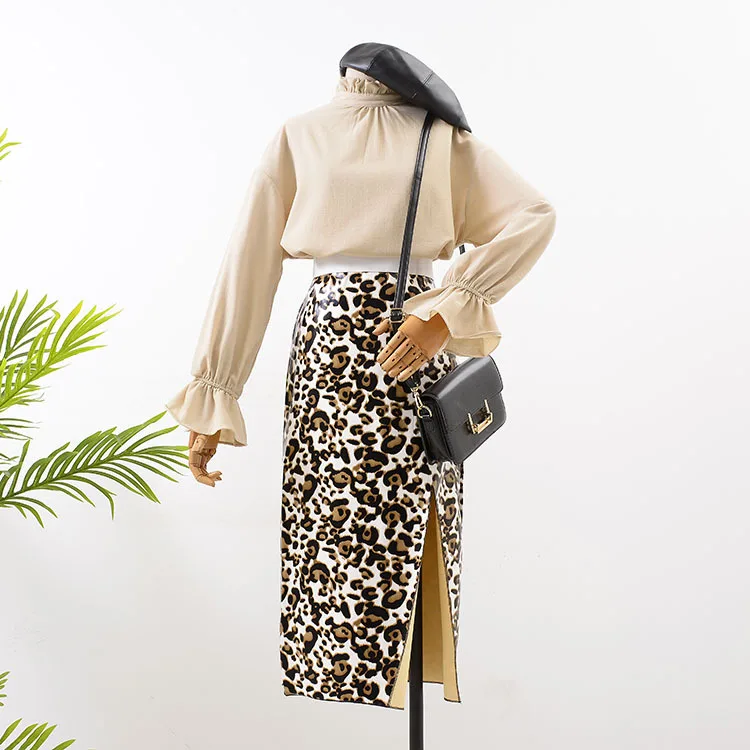 

Fashion High-waisted Skirt 2019 Autumn Retro Versatile Mid-length Leopord Pattern PU Leather Skirt