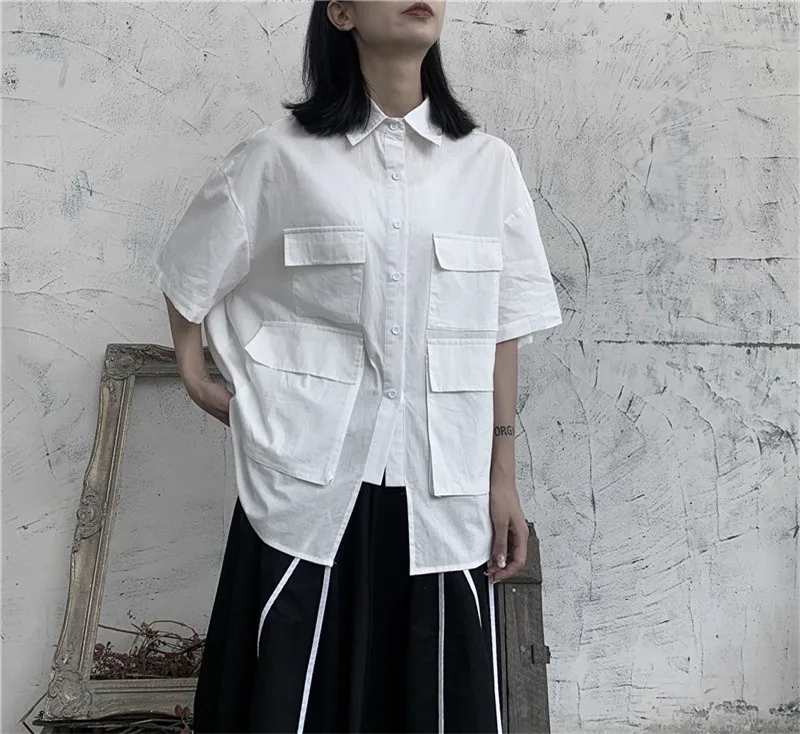 

2020 New Women Shirts Cotton Linen Pockets Solid Dark Ribbon Vintage Short Sleeve Shirt Lady Gothic Streetwear Japan Style