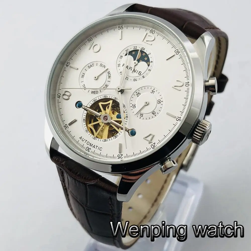 Parnis 2021 new 43mm mens top flywheel watches silver case white dial