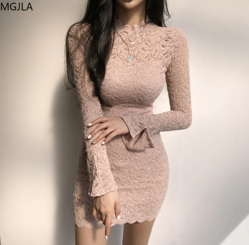 

2020 Sexy Lady Bag Hip Tight Long-sleeved Lace Skirt Dress Short Skirt Autumn Temperament Fashion Show Thin and High White Dress