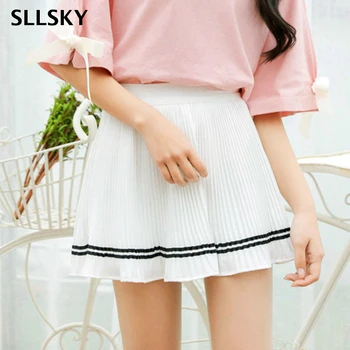 

SLLSKY White College style Pleated Mini skirt with shorts High elastic waist short skirt Slim Casual Sweet Basic Chiffon skirt