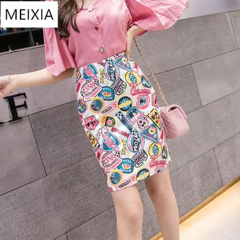 

MEIXIA Women's Pencil Skirt Cartoon Letters Print High Waist Bodycon Skirts Lady Summer Sexy Slim Female Mini Spodnica Falda