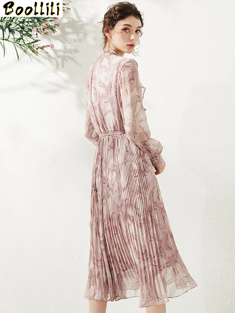 Vintage Elegant Chiffon Midi Dress Women Clothes 2020 Spring Party Long Sleeve Ladies Dresses Pleated Vestidos | Женская одежда