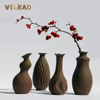 

VILEAD 4 Styles Ceramic Line Vase Creative Modeling Vintage Dining Room Living Room Brown Flower Vase Home Office Decoration