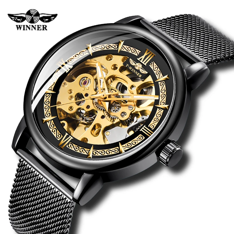 Классические мужские механические часы с скелетом тонкий аналоговый сетчатый