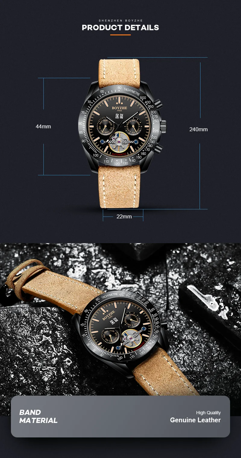 Мужские механические часы BOYZHE automatic Tourbillon Reloj Hombre, роскошные Брендовые мужские часы, светящиеся спортивные часы с кожаным ремнем Homme