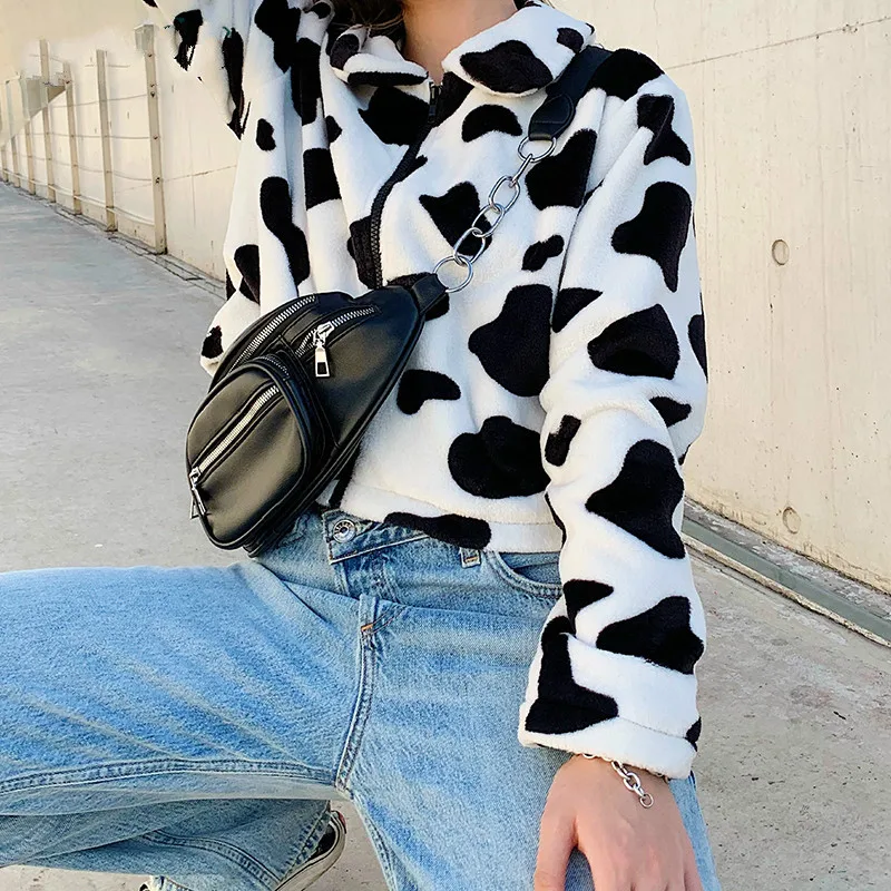 

Fur Coats For Women Cow Print Teddy Jacket Modis Longslive Zipper Casual Warm Autumn Winter 2020 Harajuku Coat Female