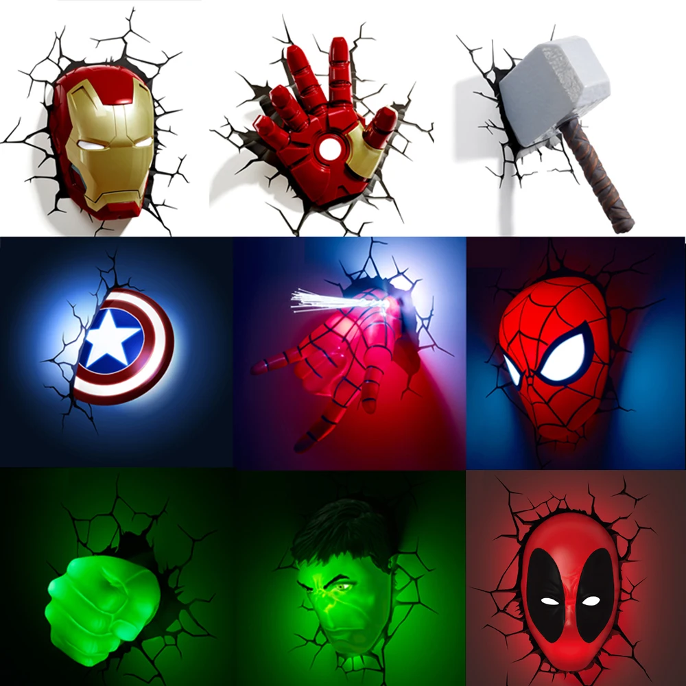 

3D LED Marvel The Avengers Wall Lamp Bedroom Living Room Creative Novelty Night Light For Ironman Spiderman Hulk Captain America