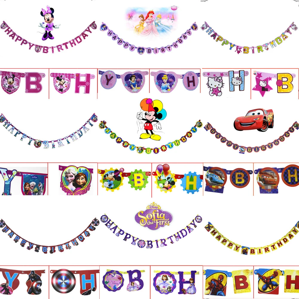 Disney Banderola De Cumpleanos Para Ninos Adornos Para Fiesta De Cumpleanos Mickey Mouse Princesa Bandera De Bano Para Bebe Banner Con Guirnalda Nupcial Banderas Serpentinas Y Confeti Aliexpress