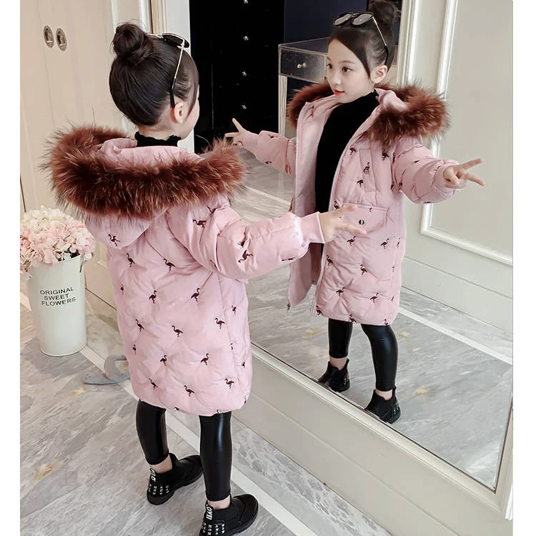 pink bird Детская зимняя куртка для девочек, однотонное пальто с капюшоном и длинными рукавами милая теплая зимняя одежда для школьниц зимняя куртка флисовая куртка с рисунком - Цвет: pink bird