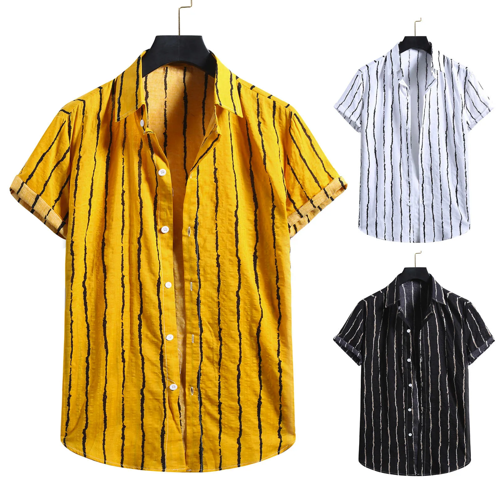Men Shirts Short Sleeve Cotton Yellow Black Yellow Shirts Men Men's