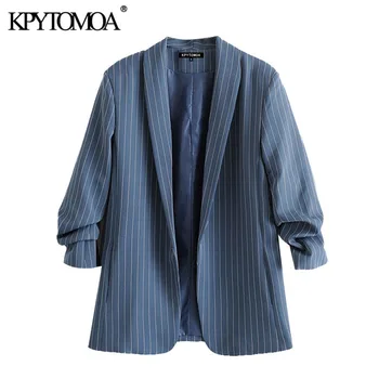 

KPYTOMOA Women 2020 Fashion Office Wear Plaid Blazers Coat Vintage Pleated Sleeves Pockets Female Outerwear Chic Tops