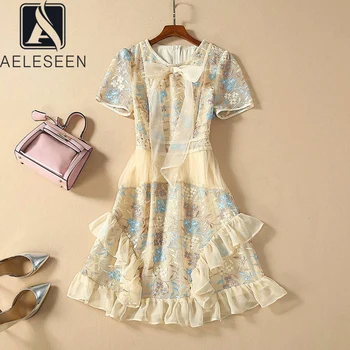 

AELESEEN Luxury Embroidery On Mesh Hollow Out A-Line Fairy Dresses 2020 Spring New Runway Design Ruffled Bow Floral Mini Dress