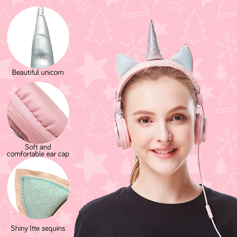 Cute Kids Headphones With Microphone Unicorn Wired Cascos Mobile Phone Gamer Headset Girl Music Helmet with Bracelet Gifts