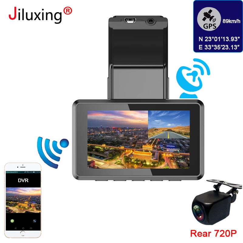 Jiluxing FHD 1080P GPS WIFI видеорегистратор с двойным объективом Автомобильный Трек