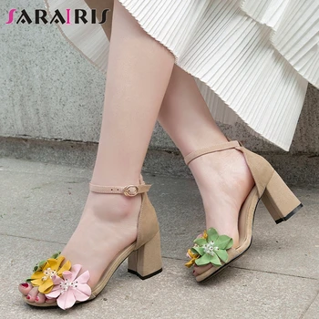 

SARAIRIS Fashion Female Flower Cover Heel High Heel Ankle Strap Sandals Casual Sweet Sandals Women Summer Shoes Woman