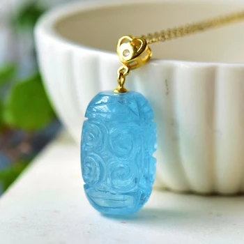 

Certificate Natural Blue Aquamarine Barrel Carved Pendant 23*14mm Crystal For Women Men 14K Gold Best Stone Necklace AAAAA