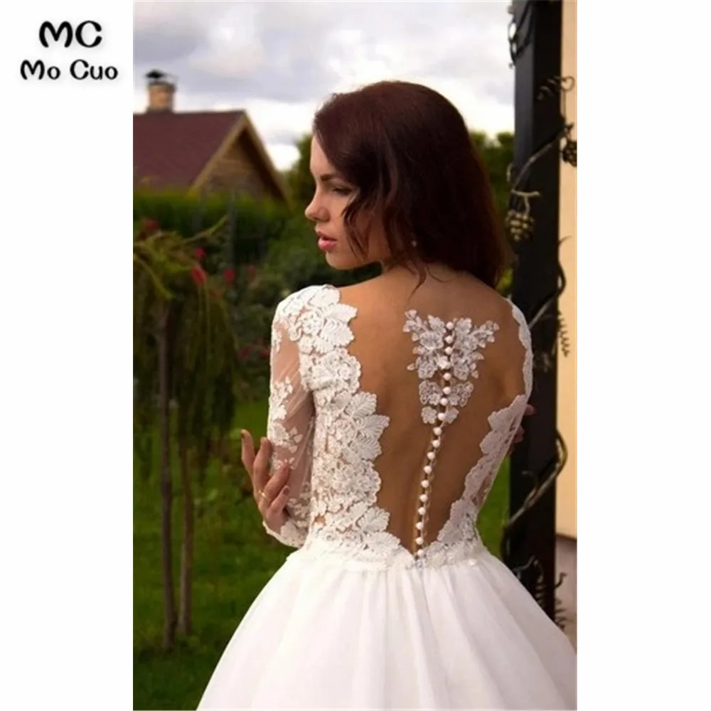 Boho Princess A-Line V-Neck Tulle Ivory Long Sleeves Wedding Gowns  (2)