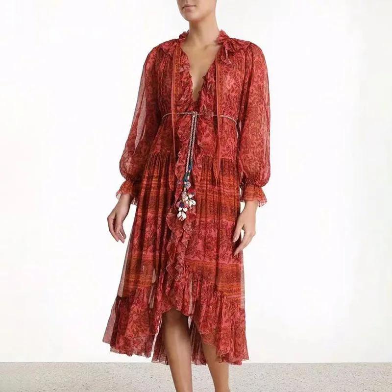 

New fashion national style lotus leaf edge splicing red floral bandage long sleeve temperament dress female