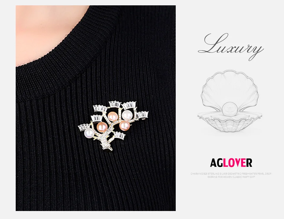 Серебряная брошь AGLOVER Real 925, инкрустация циркония, резьба, брошь из натурального пресноводного жемчуга, женская бижутерия, рождественский подарок