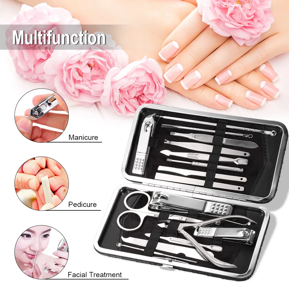 16Pcs Stainless Steel Nail Clipper Set Manicure Pedicure Set Cutter Scissor Tweezer Earpick Blackhead Needles PU Bag Included