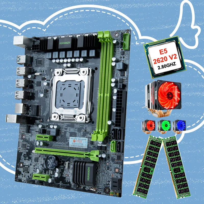 HUANANZHI X79 LGA2011 комплект материнской платы процессор Intel Xeon E5 2620 V2 2,1 ГГц с 6 тепловыми трубами кулер ram 32G(2*16G) регистровая и ecc-память скидка материнская плата комбо для настольных ПК