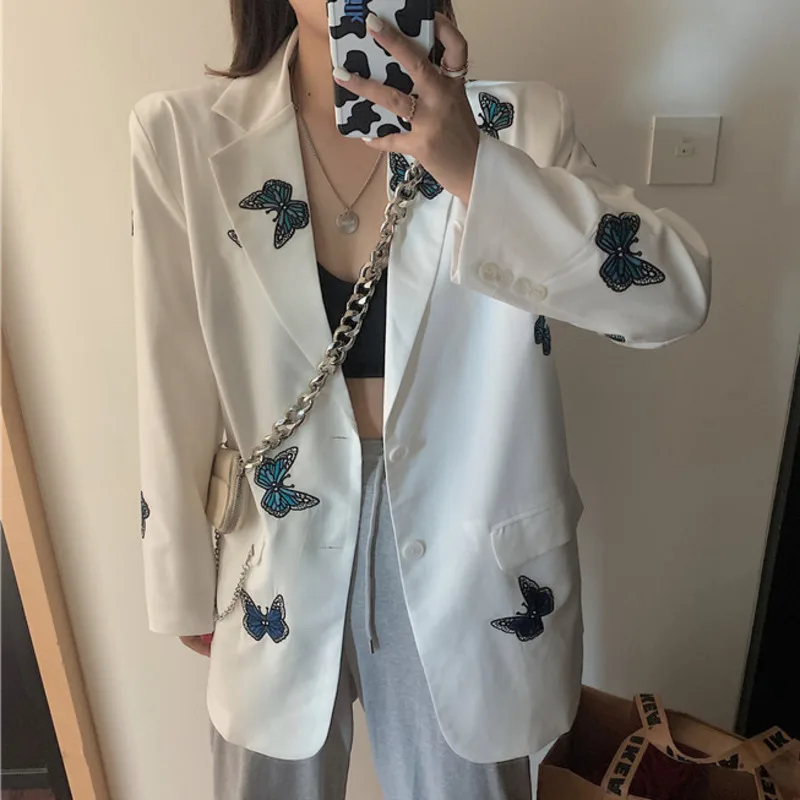 New Autumn Fashion Casual Notched Embroidery Butterfly Single Breasted Loose Blazer Coat Women Long Sleeve Chain OL Suit Outwear