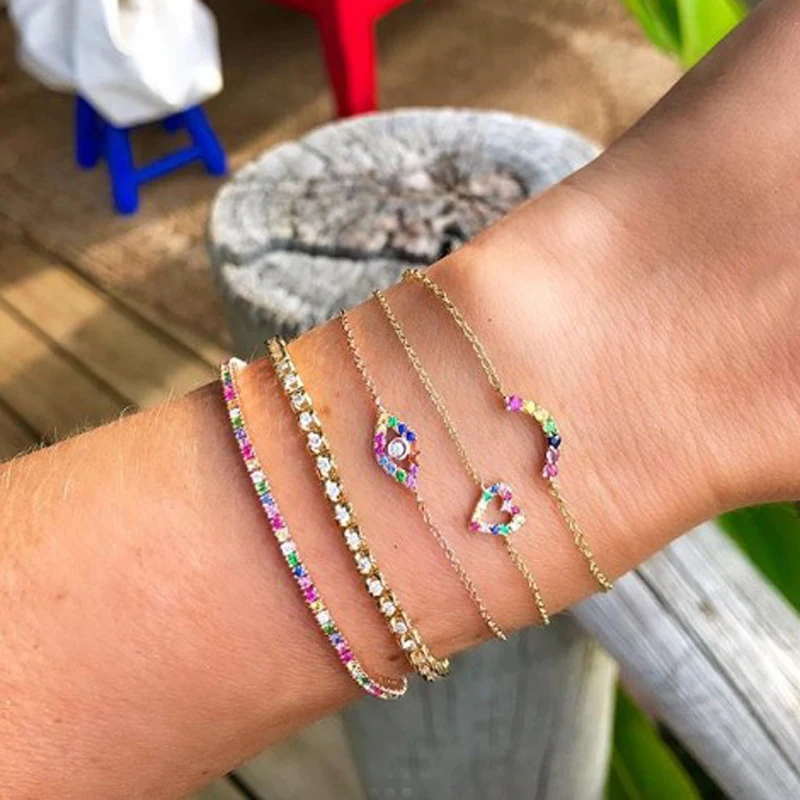 NEW tiny charm rainbow cz evil eye link chain cute lovely bracelet for girl women 925 sterling silver 15+4cm | Украшения и