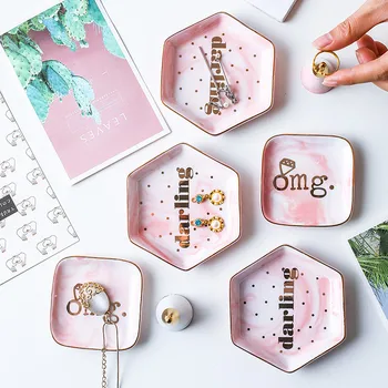 

Ceramic Square hexagon pink Jewelry Dish Plates Rings Snack candy Heart-shaped Storage Tray Snack Decoration Crafts