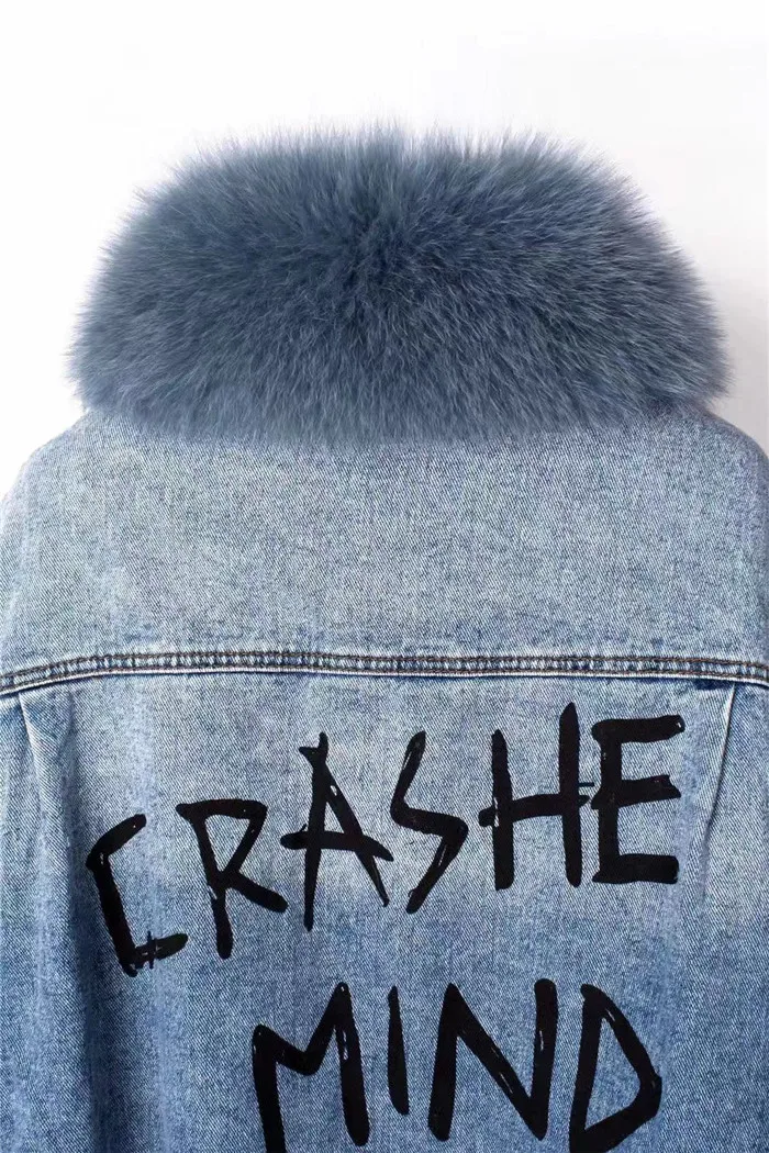 real fur coat Winter Jacket Women Coat Real fox Fur lined denim jacket Parka back letter print