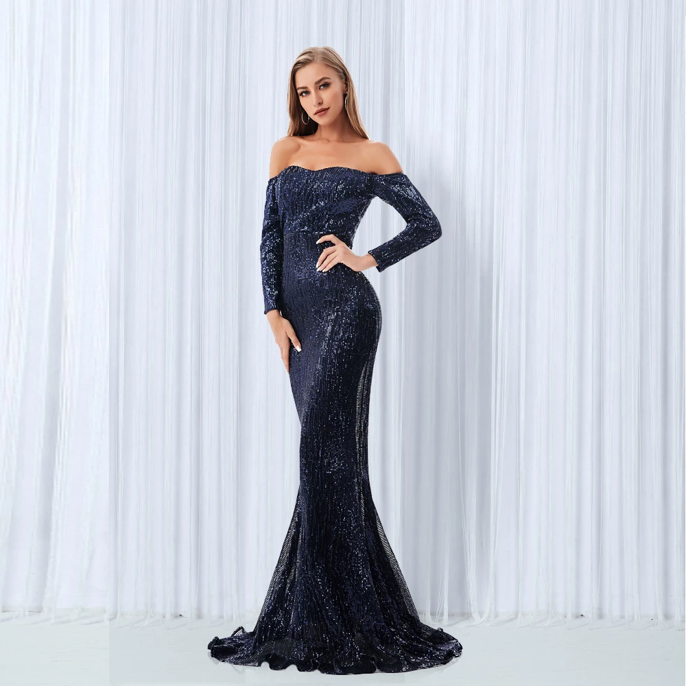 

Elegant Slash Neck Sequined Maxi Dress Off the Shoulder Gold Navy Green Sequin Long Dress Floor Length Party Dress Gown