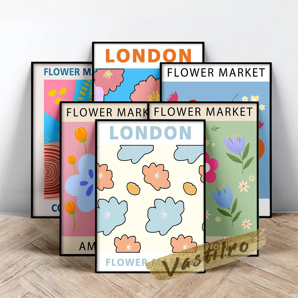 

London Flower Market Poster, Abstract Line Art Prints Retro Minimalist Canvas Painting, Nordic Modern Home Decor Wall Picture