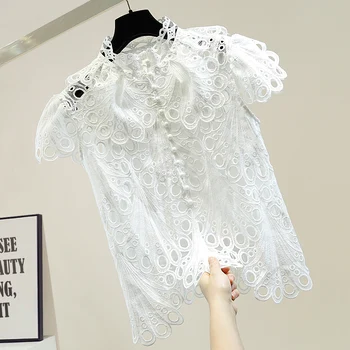 

Vintage Stand Collar Hollow Lace Shirt Female Summer Top Lace Blouse Blusas Mujer De Moda 2020 Lady's Slim Top with Strap Liner