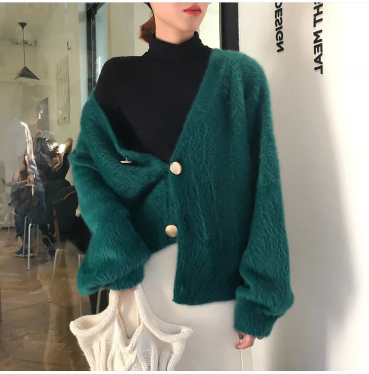 Cardigan Solid Color Button Loose Hot Sweater Autumn Warm Winter New Puff Sleeve Female v-neck Sweaters Vestidos LXJ772 |