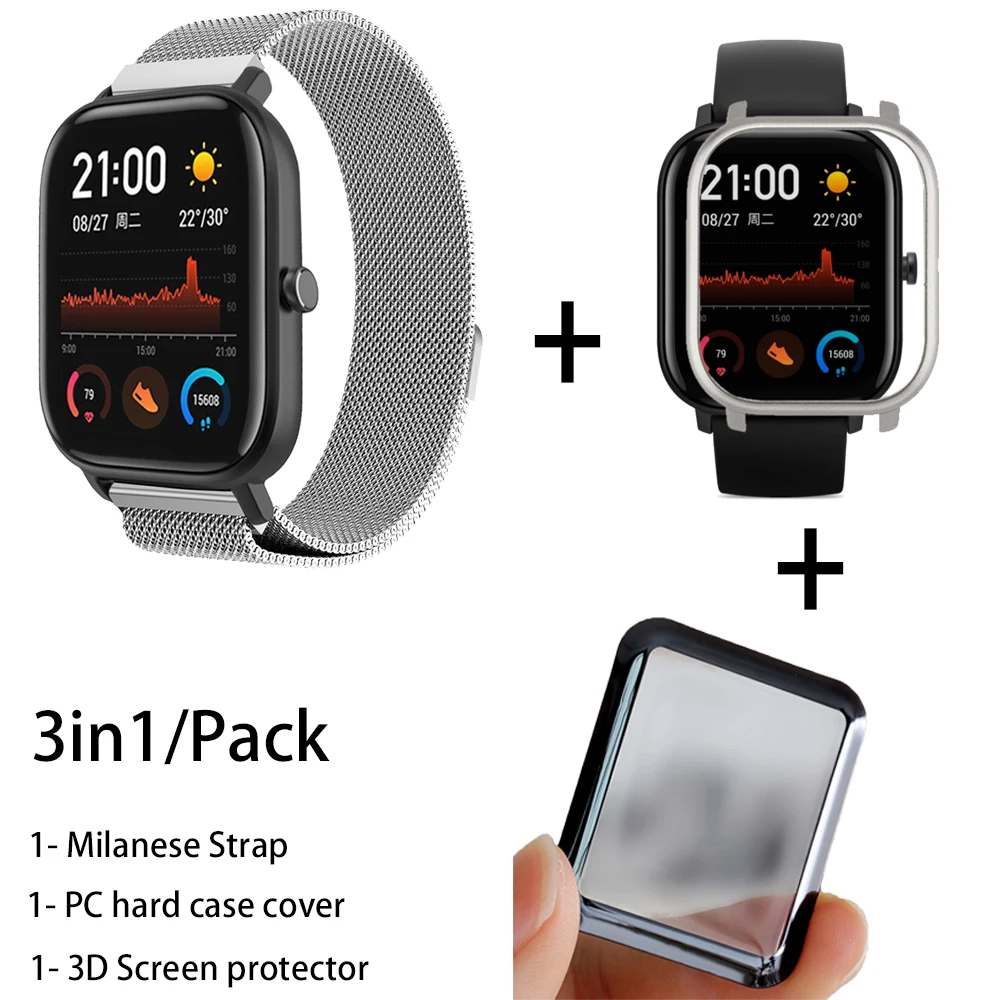 3в1 металлический Миланский ремешок для Xiaomi Amazfit GTS чехол металлический браслет для Huami Amazfit GTS Band 3D Защитная пленка для экрана - Цвет: silver-silver
