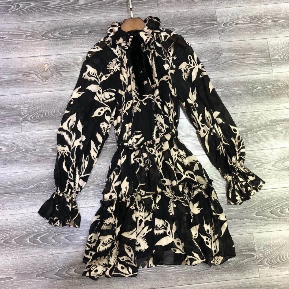 2020 Autumn New Black Printed Half High Neck Velvet Lace Long Sleeve Women Dress