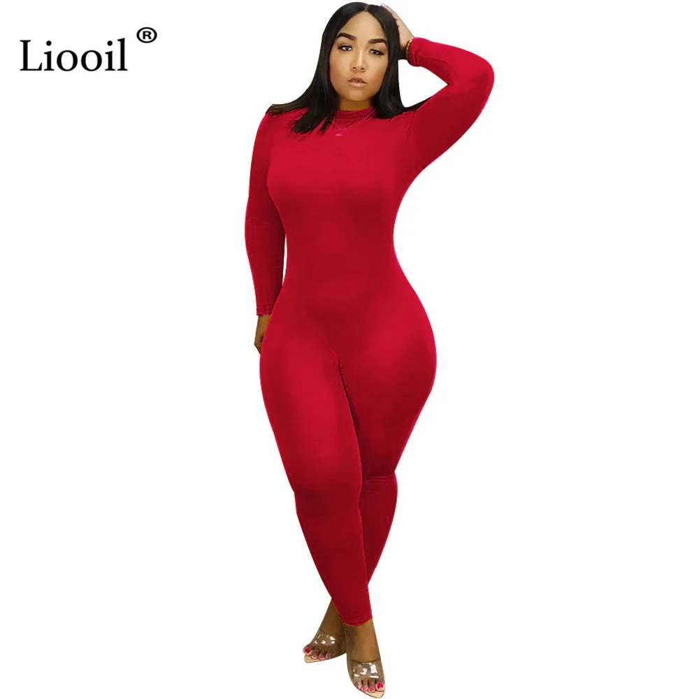 Liooil, черный сексуальный эластичный цельный Облегающий комбинезон, женская одежда, облегающие вечерние комбинезоны с длинным рукавом и круглым вырезом, женский комбинезон s - Цвет: Красный