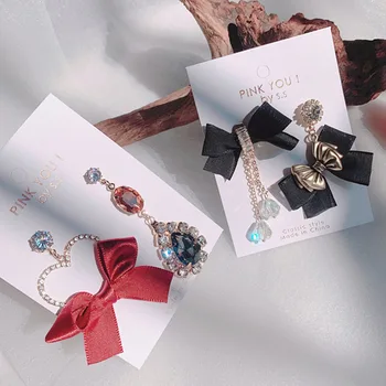 

MWSONYA New Asymmetry Hollow Love Heart Bowknot Earrings for Women Crystal Drop Fashion Pendant Jewelry Student Tassel Earrings