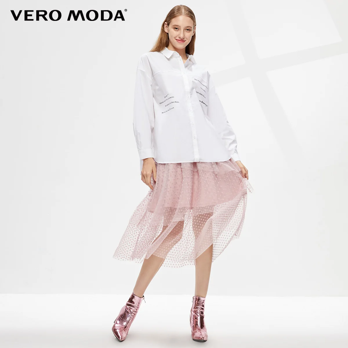 Vero Moda Новая женская хлопковая рубашка прямого кроя с принтом букв с открытыми плечами | 319305533 - Цвет: Snow white