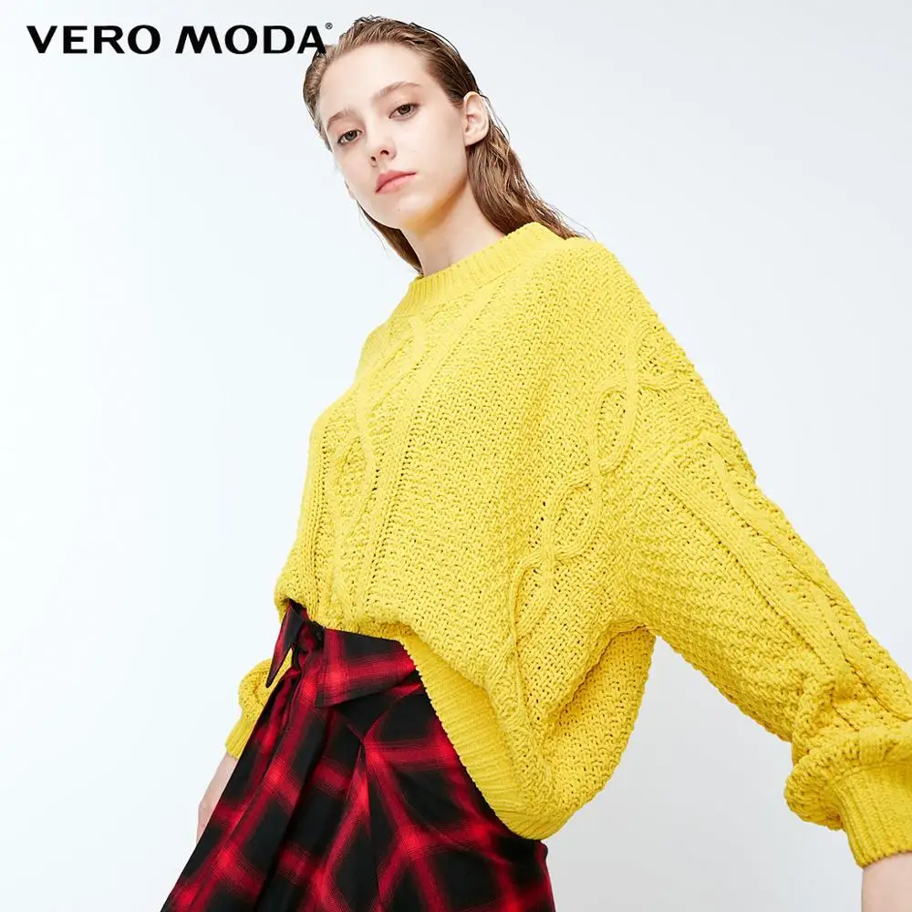 Vero Moda Женский Осенний Ins стиль свободный круглый вырез Падение плеча рукав свитер | 318313514 - Цвет: Lemon curry