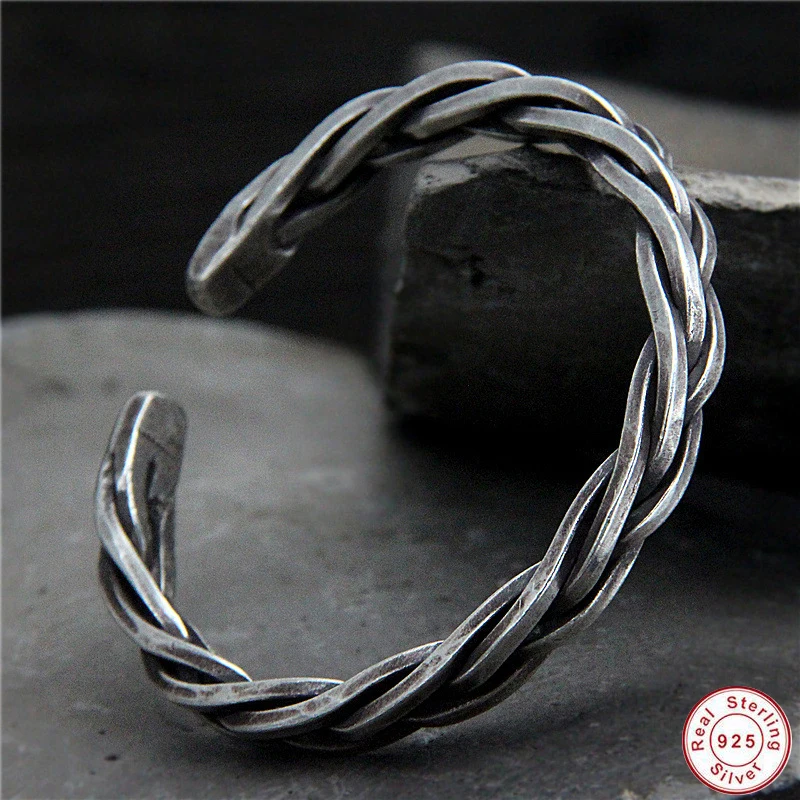 

S925 Sterling Silver Chiang Mai Handmade Retro Thai Silver Vintage Style Twist Rope Male And Female Open Ended Bangle gift