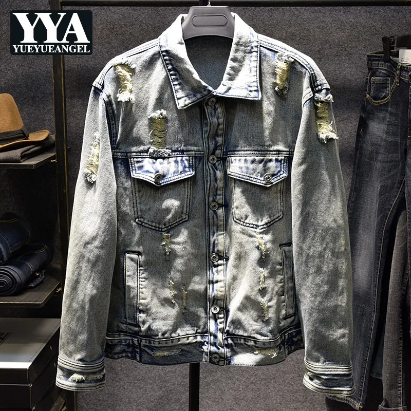 Винтажная рваная джинсовая куртка в стиле Харадзюку мужская повседневная