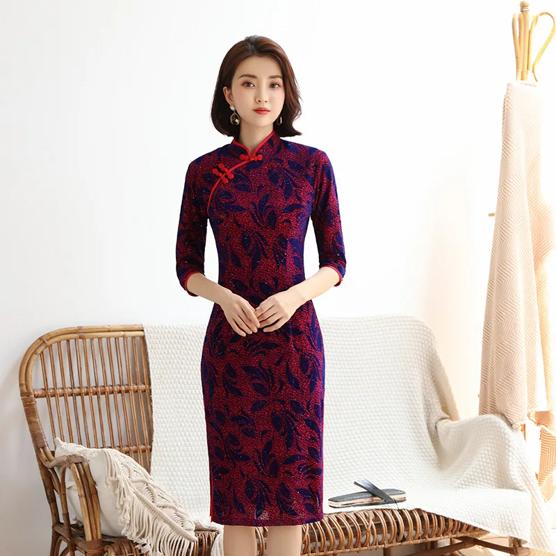 Женское велюровое платье Ципао до колена размер S 4XL|rayon dress|vestidos fashiondress fashion |