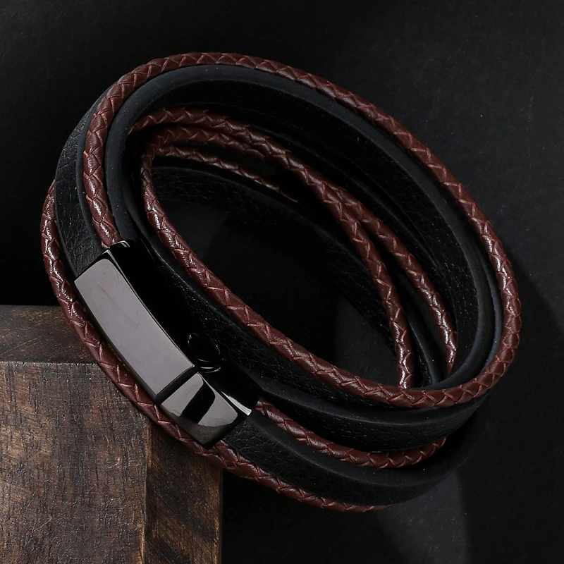 Fashion Brand Jewelry Men Black Leather Rope Chain Stainless Steel Bracelet Man Vintage Hand Strap Women Bracelets 043