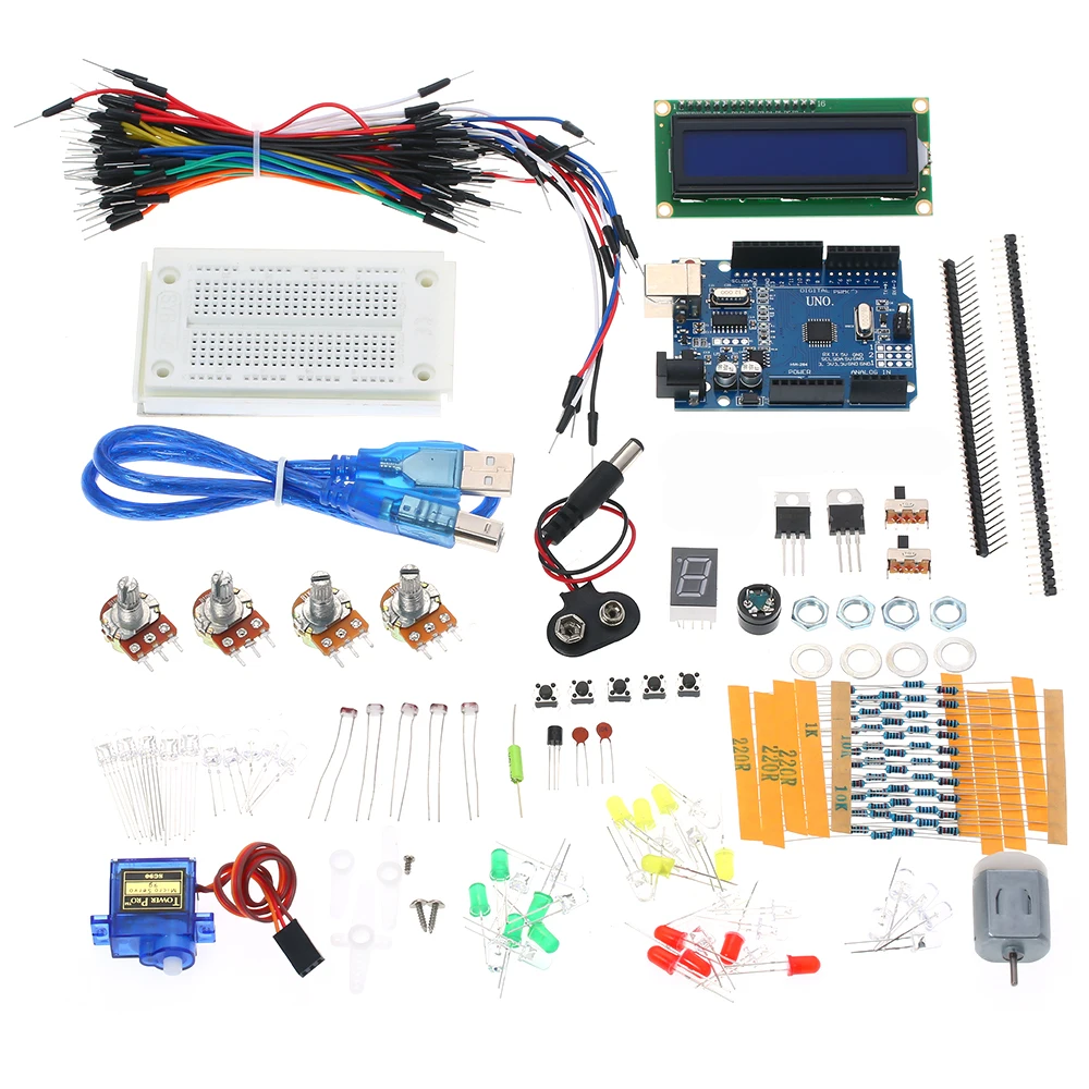 

Portable Beginner Project Kit Arduino UNO R3 Breadboard for LCD LED Ultrasonic SYB-46 Breadboard/5mm LED light/Motor /Audion