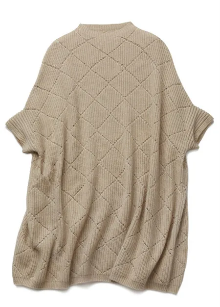 ecru brown pure goat cashmere knit argyle plaid hollow out women long pullover sweater batwing short sleeve Oneck one&over size - Цвет: ecru brown