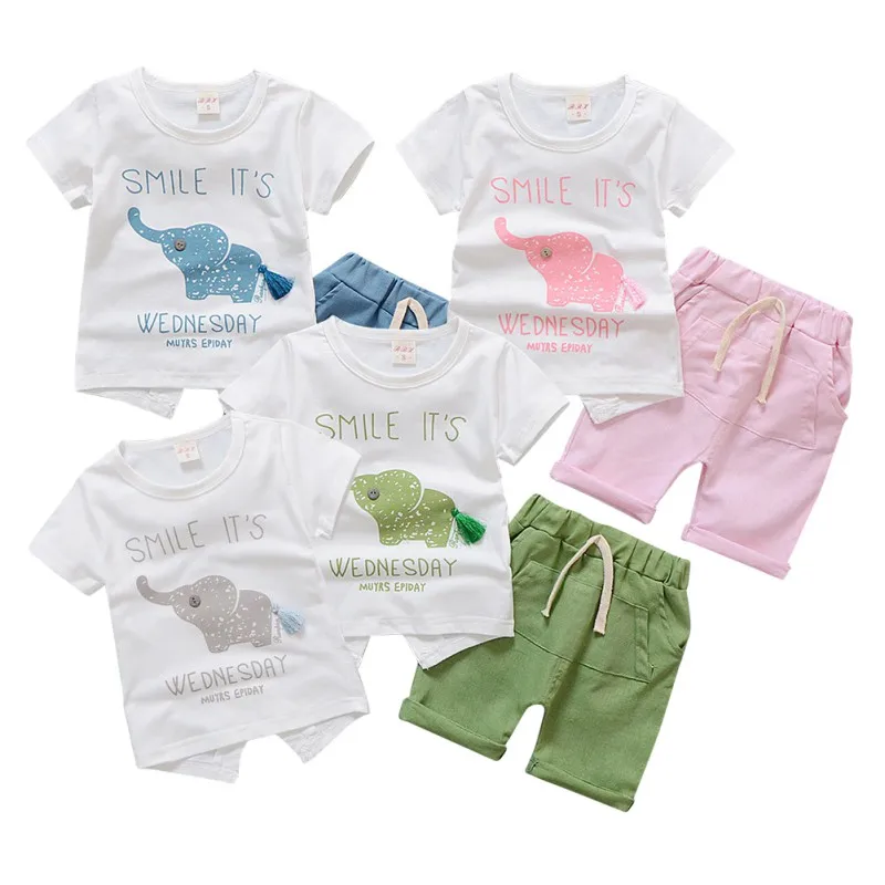 Одежда для маленьких мальчиков летняя брендовая одежда для младенцев футболки с короткими рукавами с изображением слона Топы штаны в полоску Детские костюмы для бега Bebes